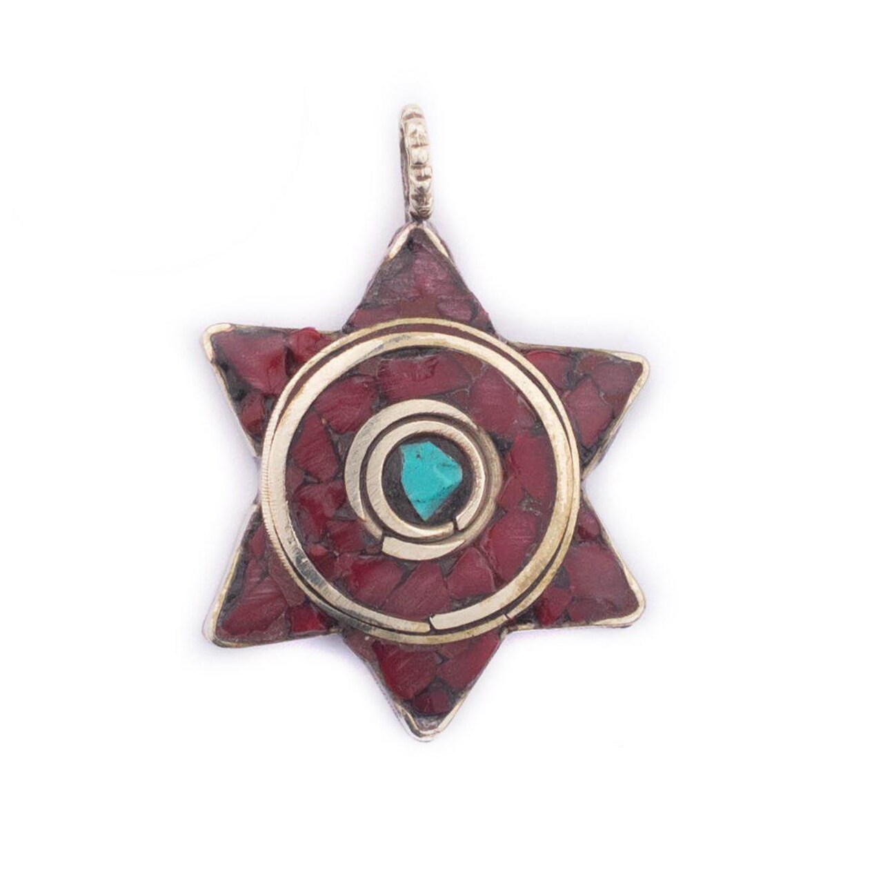 The Bead Chest Red & Blue Nepal Star of David Pendant Multicolor Brass Large Hole